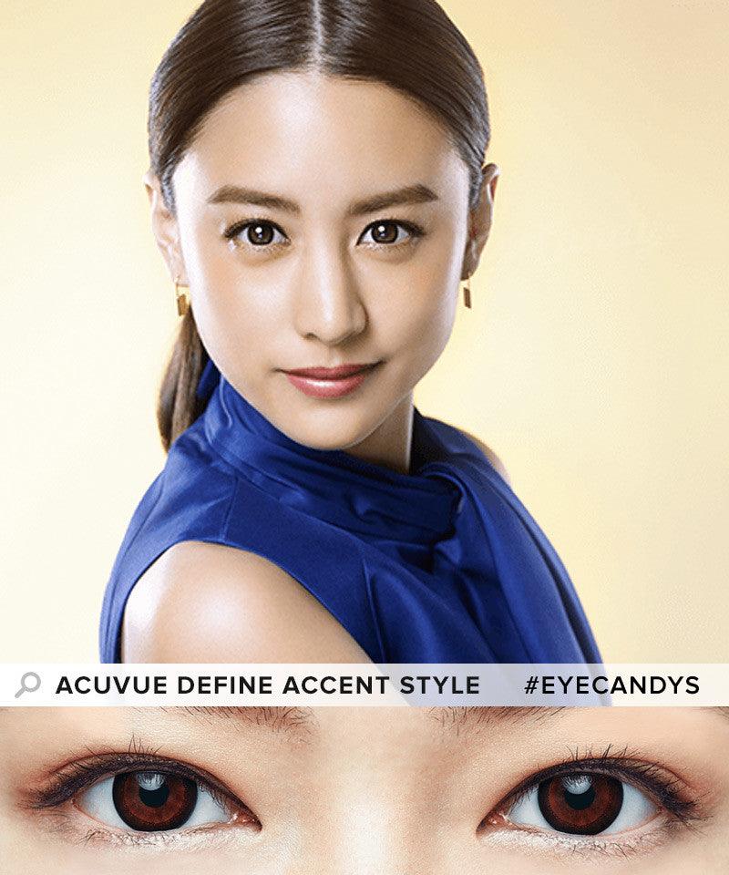 Model wearing Acuvue Define Accent Black Circle Lens Dailies, above a closeup of her eyes wearing the prescription colour contacts on dark eyes.