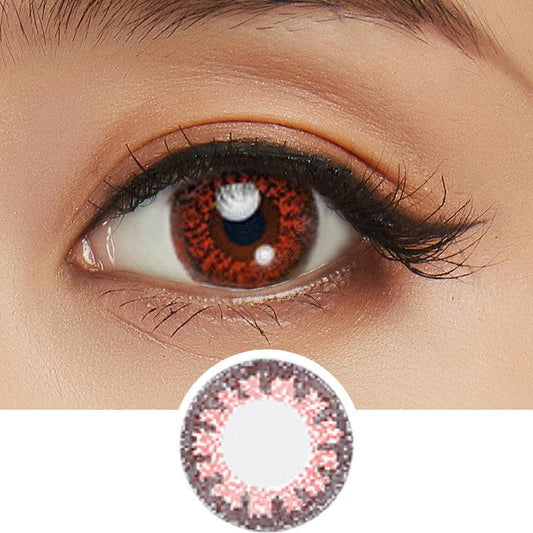 Collage showing Close-up shot of a model eye wearing Lacelle Colors Charming Bronze colored contact lens in one eye that is naturally dark-brown with natural eye make up and lashes, Single ﻿Lacelle Colors Charming Bronze contact lens on a white surface showing the pixel detail