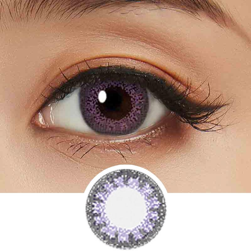 Lacelle Colors Jubilee Violet color contact lens worn on dark eyes, with natural eye makeup, on top of the contact lens design