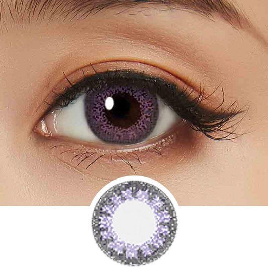 Lacelle Colors Jubilee Violet color contact lens worn on dark eyes, with natural eye makeup, on top of the contact lens design