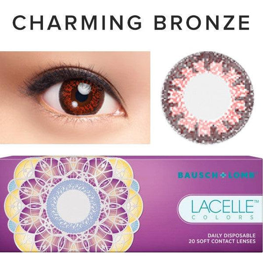 Collage showing Close-up shot of a model eye wearing Lacelle Colors Charming Bronze colored contact lens in one eye that is naturally dark-brown with natural eye make up and lashes, Single ﻿Lacelle Colors Charming Bronze contact lens on a white surface showing the pixel detail, and the box or packaging of ﻿Lacelle Colors Charming Bronze 20 soft contact lenses