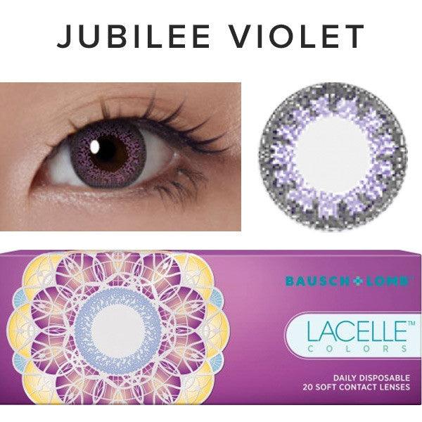collage showing Close-up shot of a model eye wearing Lacelle Colors Jubilee Violet colored contact lens in one eye that is naturally dark-brown with natural eye make up and lashes, Single Lacelle Colors Jubilee Violet contact lens on a white surface showing the pixel detail. and the box/packaging of Lacelle Colors Jubilee Violet (30pk)