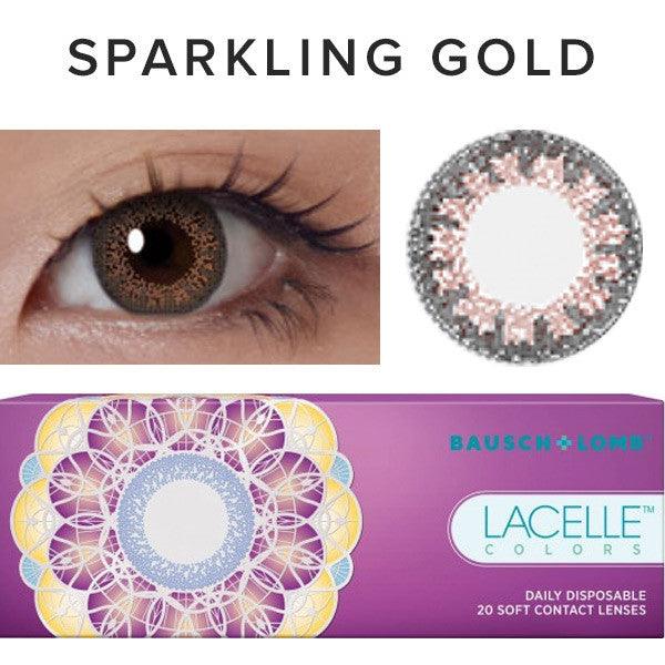 Collage showing Close-up shot of a model eye wearing Lacelle Colors Sparkling Gold colored contact lens in one eye that is naturally dark-brown with natural eye make up and lashes, Single Lacelle Colors Sparkling Gold contact lens on a white surface showing the pixel detail, and the box or packaging of Lacelle Colors Sparkling Gold 20 soft contact lenses
