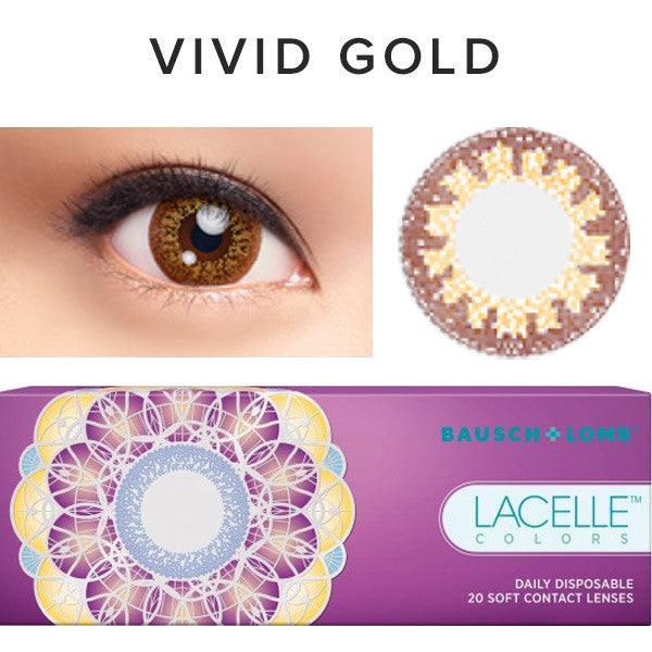 Collage showing Close-up shot of a model eye wearing Lacelle Colors Vivid Gold colored contact lens in one eye that is naturally dark-brown with natural eye make up and lashes, Single Lacelle Colors Vivid Gold contact lens on a white surface showing the pixel detail, and the box or packaging of Lacelle Colors Vivid Gold 20 soft contact lenses